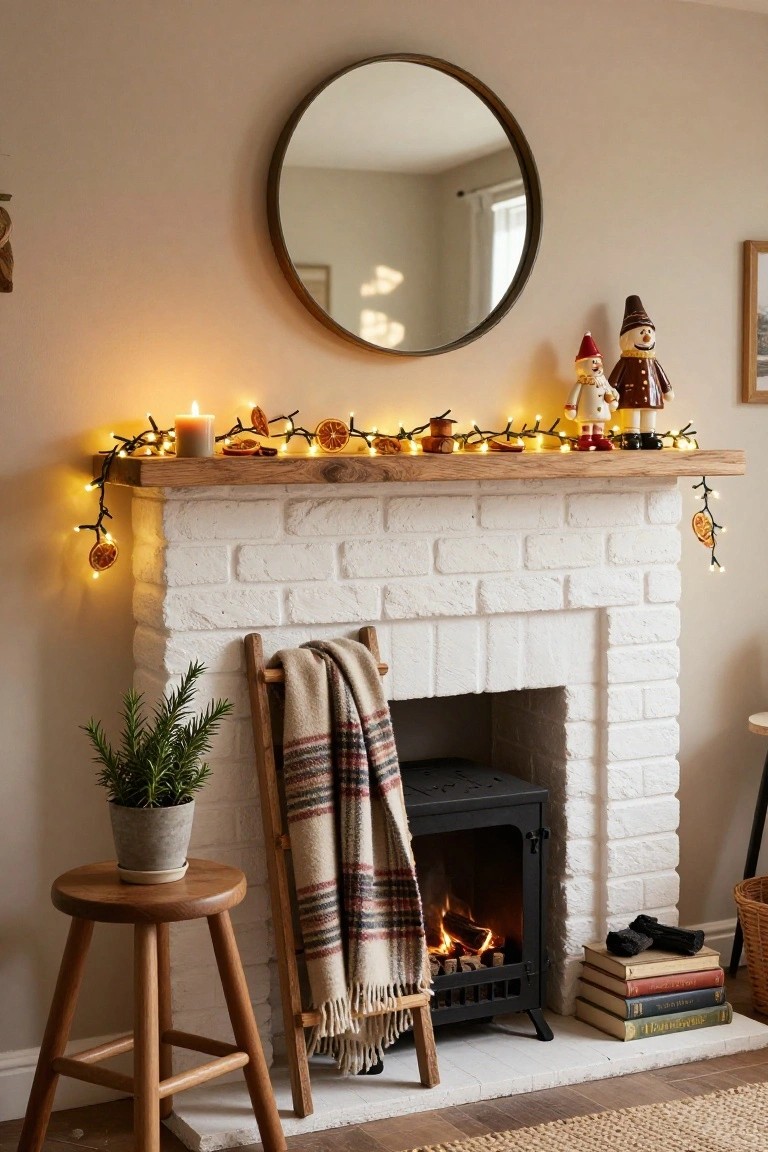 White brick fireplace mantel shelf with black fairy lights strung through dried orange slices and wooden ornaments, a white candle in the center, and two gnome figurines at the ends, above a wood-burning stove with a plaid blanket draped over a wooden stool nearby.