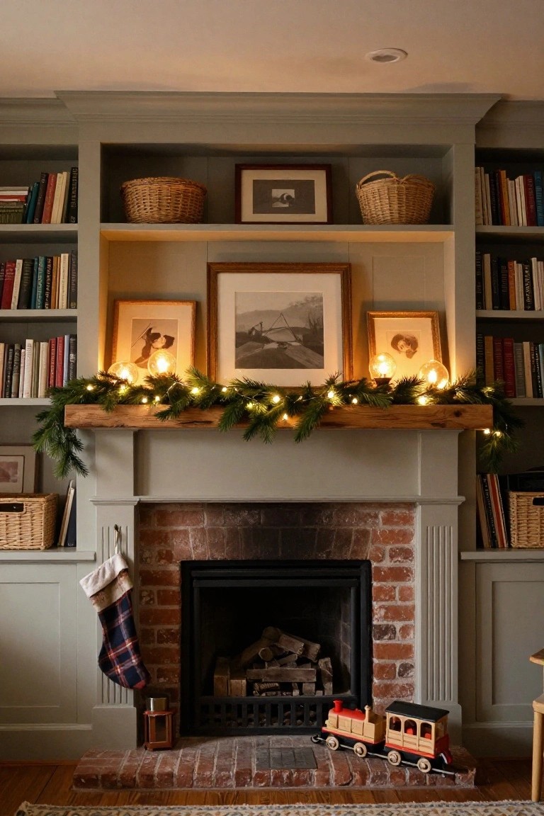 Cozy interior fireplace mantel with rustic wood beam topped by evergreen garland strung with white fairy lights and flanked by glass orb lights, brick fire surround, plaid stocking hanging to one side, wooden toy train on hearth, bookshelves on either side.
