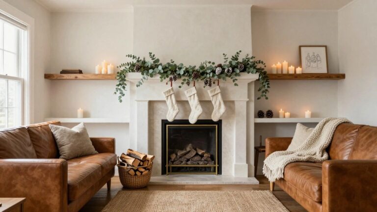 White living room with plaster fireplace and gold gas firebox burning logs, wooden mantel trough holding eucalyptus garland, pinecones, and white candles, three white knit stockings with brown leather cuffs hanging from leather straps, framed drawing above, firewood basket, tan leather armchair with cream throw, seagrass rug, and wood floors.