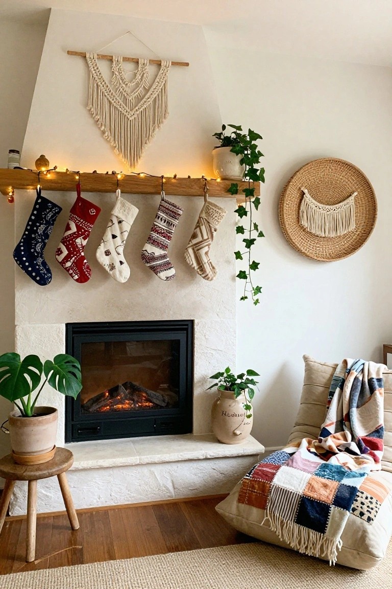 Cozy indoor fireplace with wooden mantel holding colorful patterned Christmas stockings, fairy lights draped along it, ivy plants, macrame wall hangings, potted plants, and a floor pouf with blanket nearby.