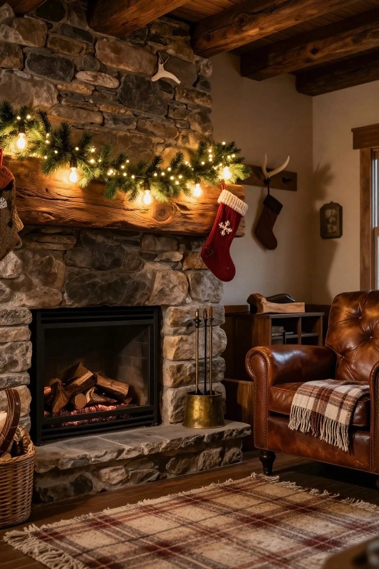 Rustic stone fireplace mantel in a wood-beamed living room decorated with evergreen garland and white string lights, red and other Christmas stockings hanging from wooden beam, leather armchair with plaid throw nearby, and small fire burning.