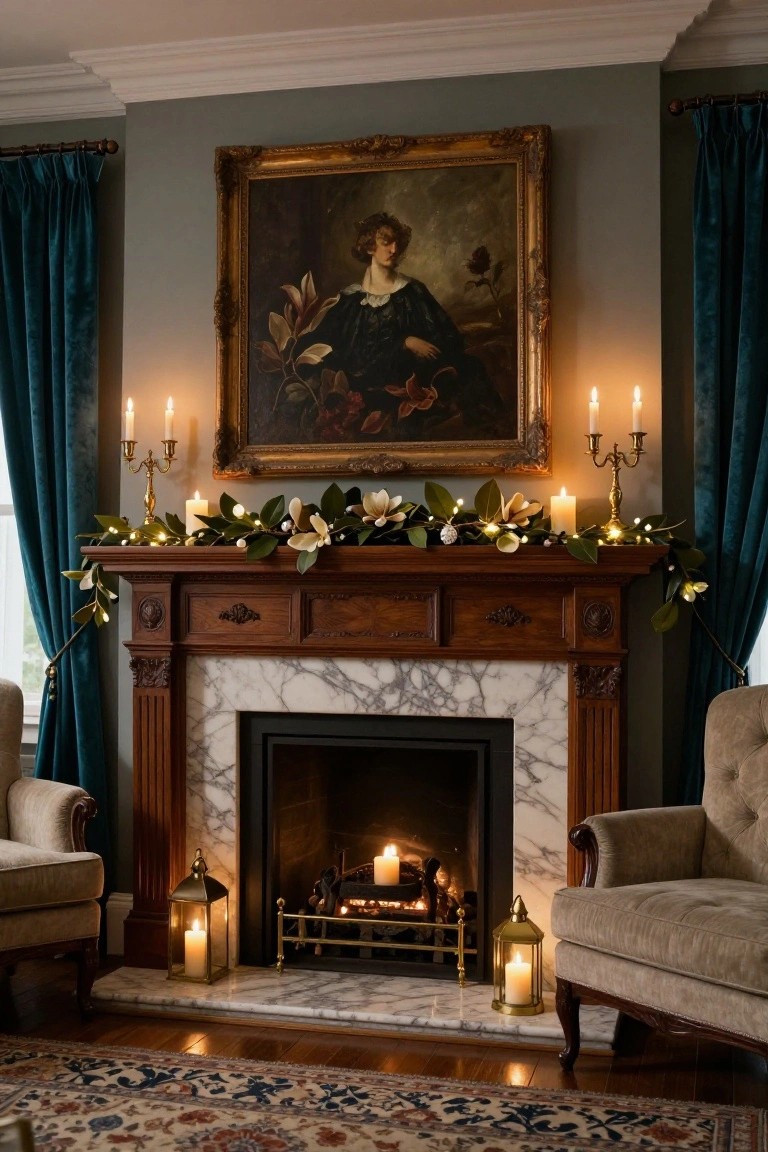 A living room fireplace with wooden mantel decorated by a garland of green leaves, white magnolias, and fairy lights, flanked by gold candelabras and lanterns with candles, armchairs on marble hearth, and large portrait painting above.