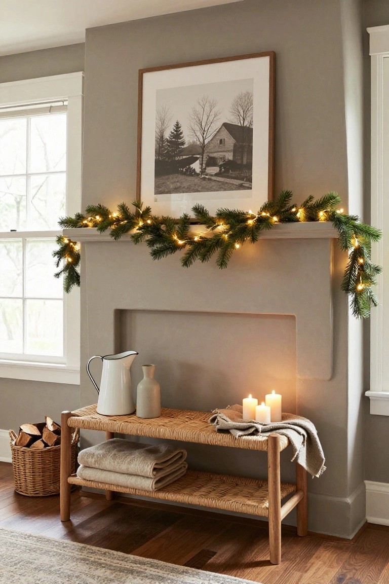 Festive mantel with garland lights, candles, woven bench, and winter decor.