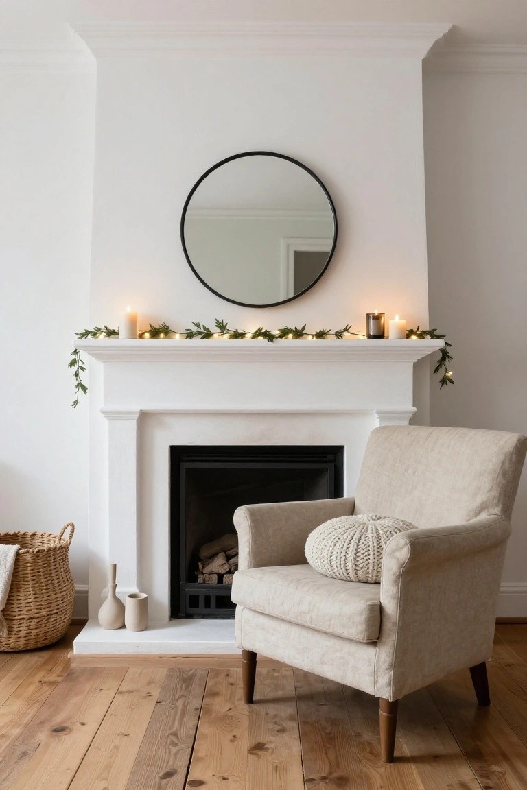 White fireplace mantel decorated with trailing green garland strung with fairy lights and white candles, round black-framed mirror above, beige armchair with knitted pillow nearby, wooden floors, and wicker basket in corner.