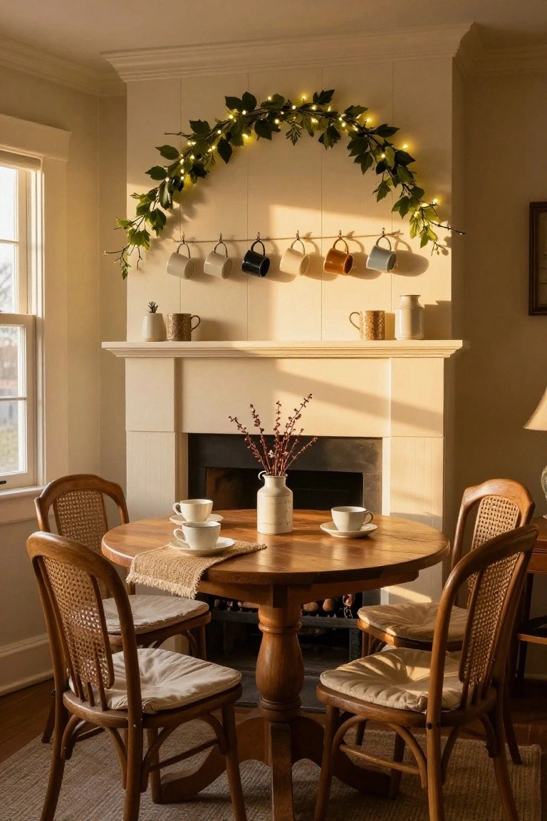 Cozy interior dining nook with fireplace, arched greenery garland with fairy lights above the mantel, hanging ceramic mugs below, round wooden table set with teacups, and rattan chairs.