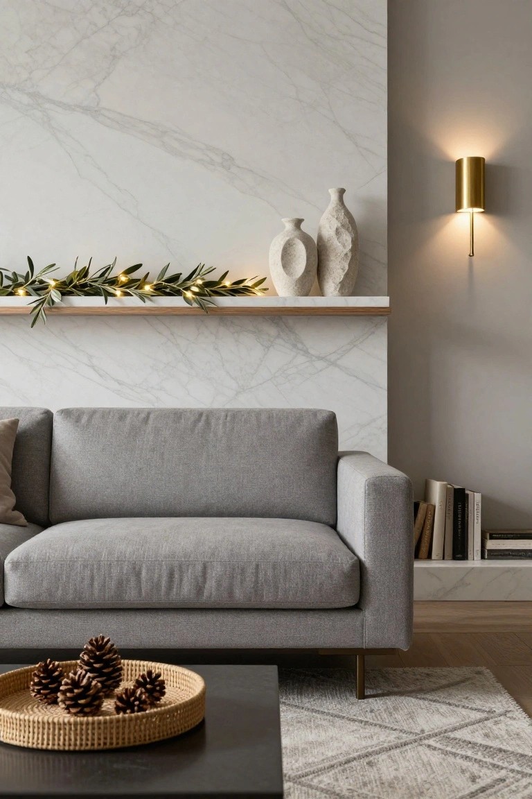 Modern living room featuring a gray sofa, black coffee table with pinecones in a woven tray, marble wall with wooden shelf holding lit olive branch garland and white textured vases, gold wall light, and books stacked nearby.