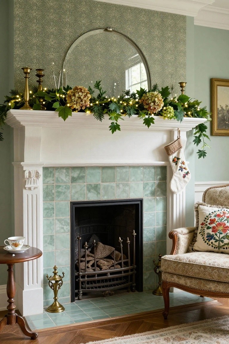 White fireplace mantel decorated with greenery garland, fairy lights, hydrangeas, brass candelabras, and a stocking beside a green-tiled hearth in a room with patterned sage walls, a round mirror above, and armchair nearby.