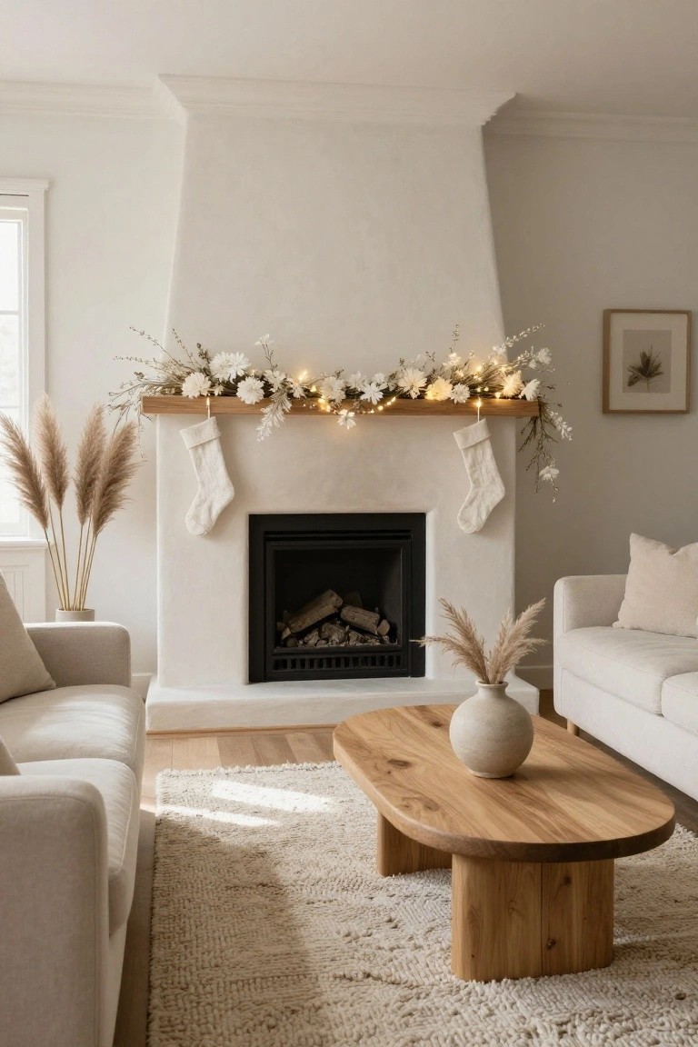 White stucco fireplace with wooden mantel holding a garland of dried white flowers, greenery, and fairy lights, one white stocking hanging down, pampas grass in vases nearby, two beige sofas, oval wooden coffee table, and cream rug in a light living room.