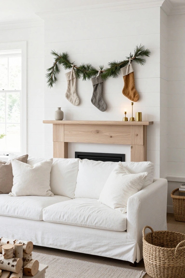 Oak wood mantel fireplace on white shiplap wall decorated with pine garland, three neutral-colored Christmas stockings, a ceramic vase, and brass candlesticks with lit candles, white sofa and firewood stack in front.