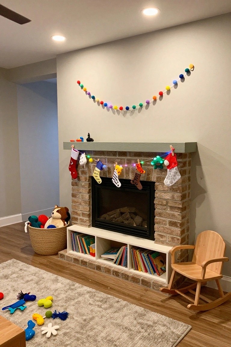 Brick fireplace mantel in a cozy living room decorated with a multicolored pom-pom garland strung with fairy lights and assorted handmade felt stockings, with toys on the floor, a wicker basket of stuffed animals, bookshelves, and a wooden rocking chair nearby.