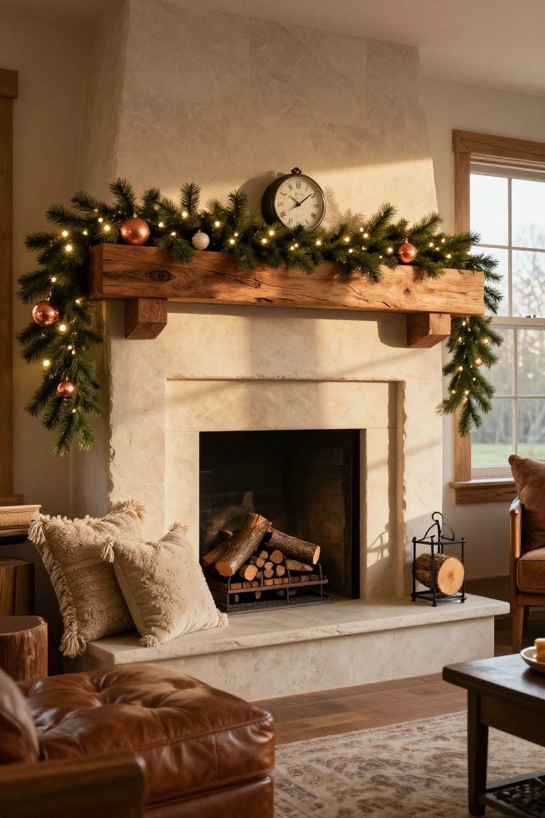 Stone fireplace with rustic wooden mantel decorated in evergreen garland, white fairy lights, and copper ornaments, plus stacked logs, pillows on hearth, leather chairs, and wood side table in living room.