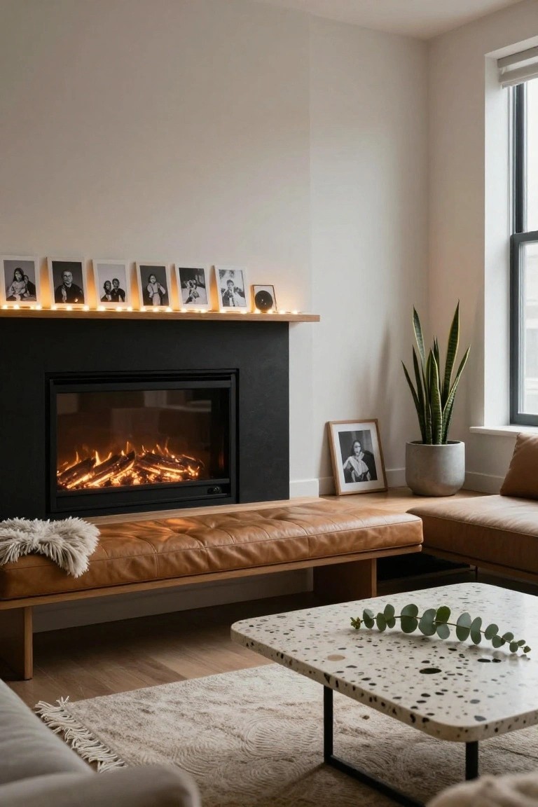 Modern living room corner with black gas fireplace, mantel shelf holding small framed photos and warm white string lights, tan leather bench, potted snake plant, and terrazzo coffee table on light wood floors.
