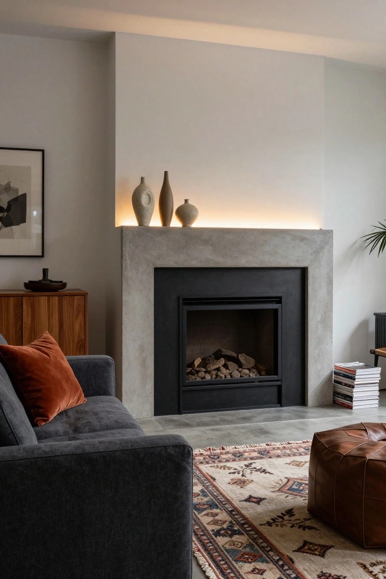 Modern living room with concrete fireplace mantel lit by LED strip lights under the shelf displaying three ceramic vases, burning log fire, gray sofa with orange pillows, wooden sideboard, leather ottoman, and patterned rug on tiled floor.