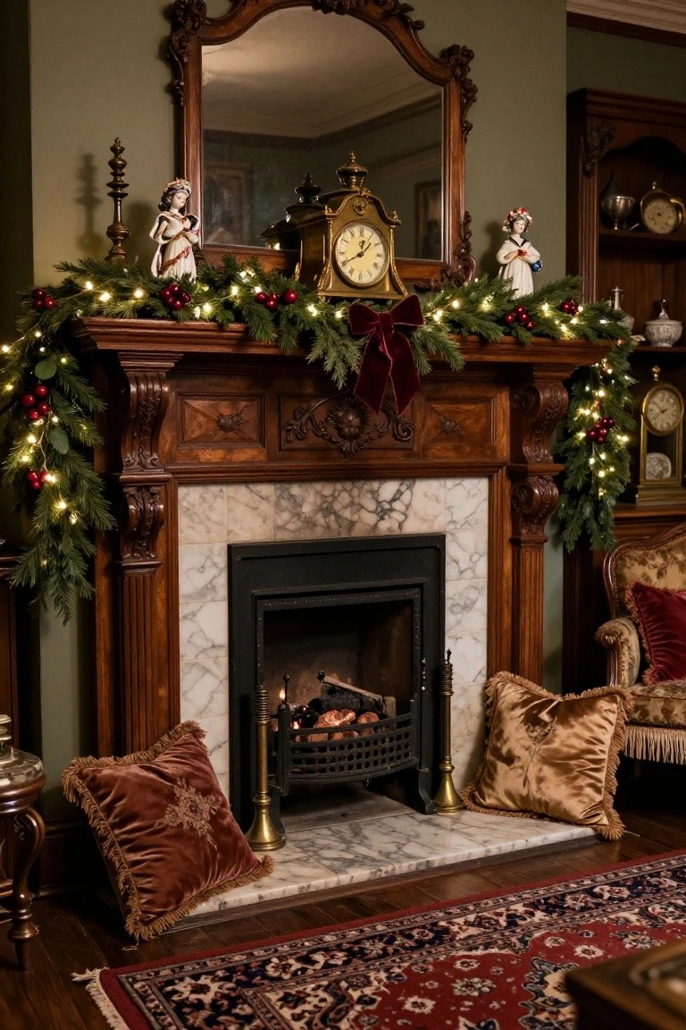 Ornate wooden fireplace mantel in a green-walled room decorated with evergreen garland, fairy lights, red berries, and a large red velvet bow, with porcelain angel figurines, a brass clock, and antique furniture nearby.