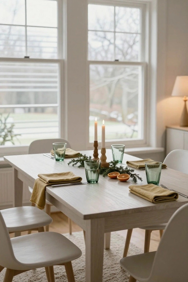 White wooden dining table set for Christmas brunch with green glass tumblers, yellow napkins, orange slices, fir branches, and two lit candles in a wooden holder, surrounded by white chairs in a light-filled room with large windows.