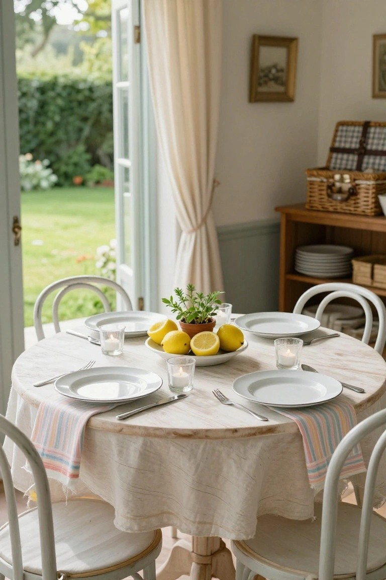 Round whitewashed wooden table set with white plates, cutlery, bowl of lemons, herb pot in terracotta, candles in glasses, and striped fabric napkins, in a light-filled room with open French doors to a garden.