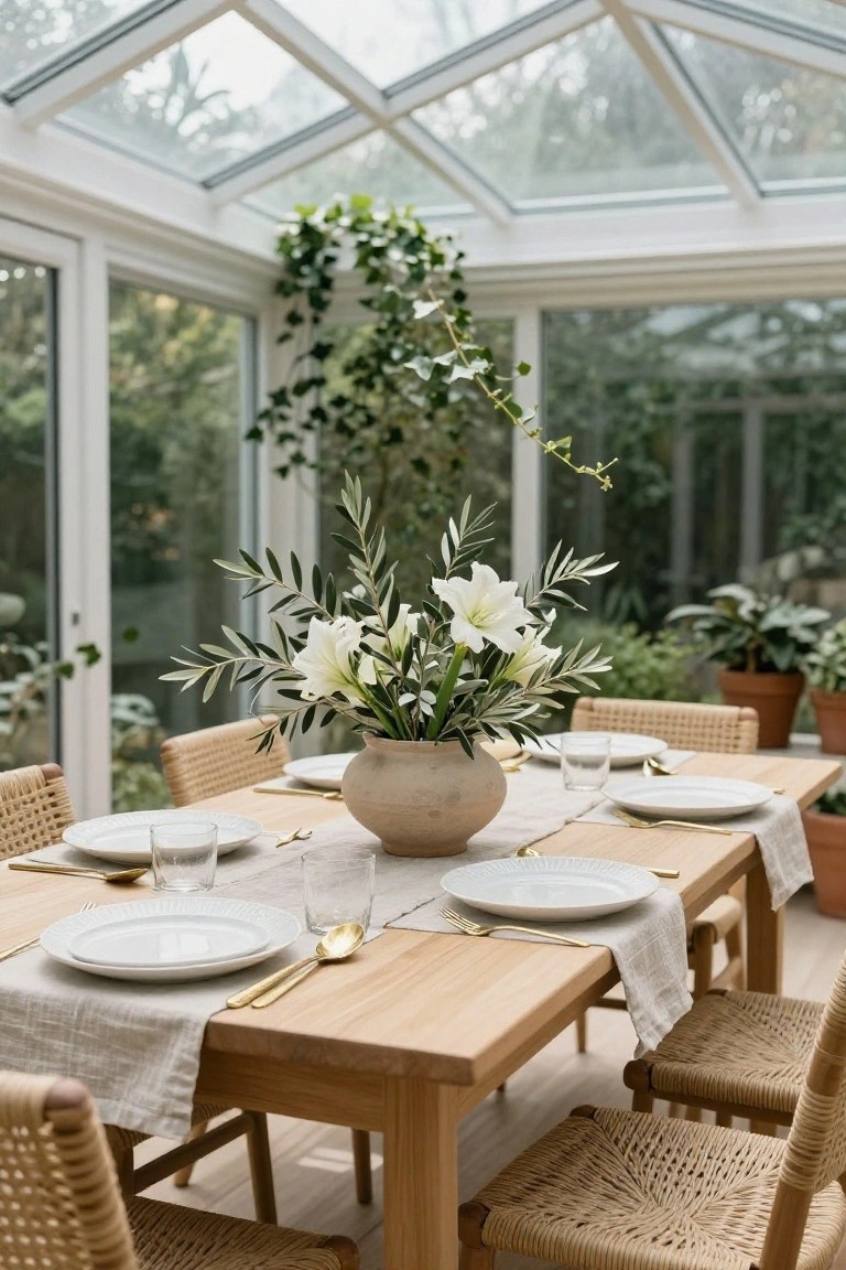 Glass conservatory with wooden dining table set for four, featuring white plates, gold flatware, glasses, linen runners, and central terracotta pot of white lilies and olive branches, rattan chairs, potted plants, and greenery outside large windows.