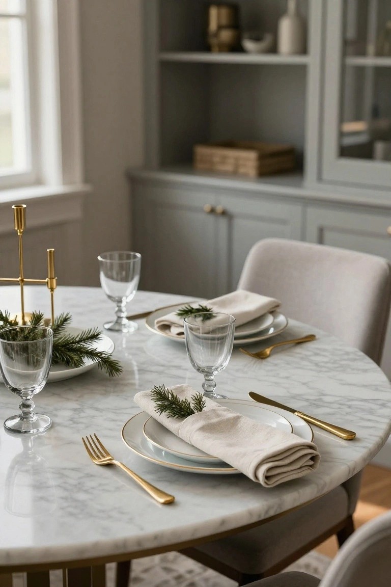 Close-up of a round white marble dining table set for four with white plates, beige linen napkins wrapped in bundles with green fir branches, gold flatware, clear glasses garnished with fir sprigs, and a gold candelabra with greenery, next to gray upholstered chairs in a pale gray room with cabinets.