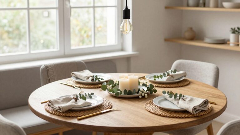 Round wooden dining table set for four people with white plates on rattan placemats, linen napkins bound with eucalyptus leaves, gold utensils, and a central white plate holding a eucalyptus wreath with four white candles, in a bright room with large window and hanging bulb light.