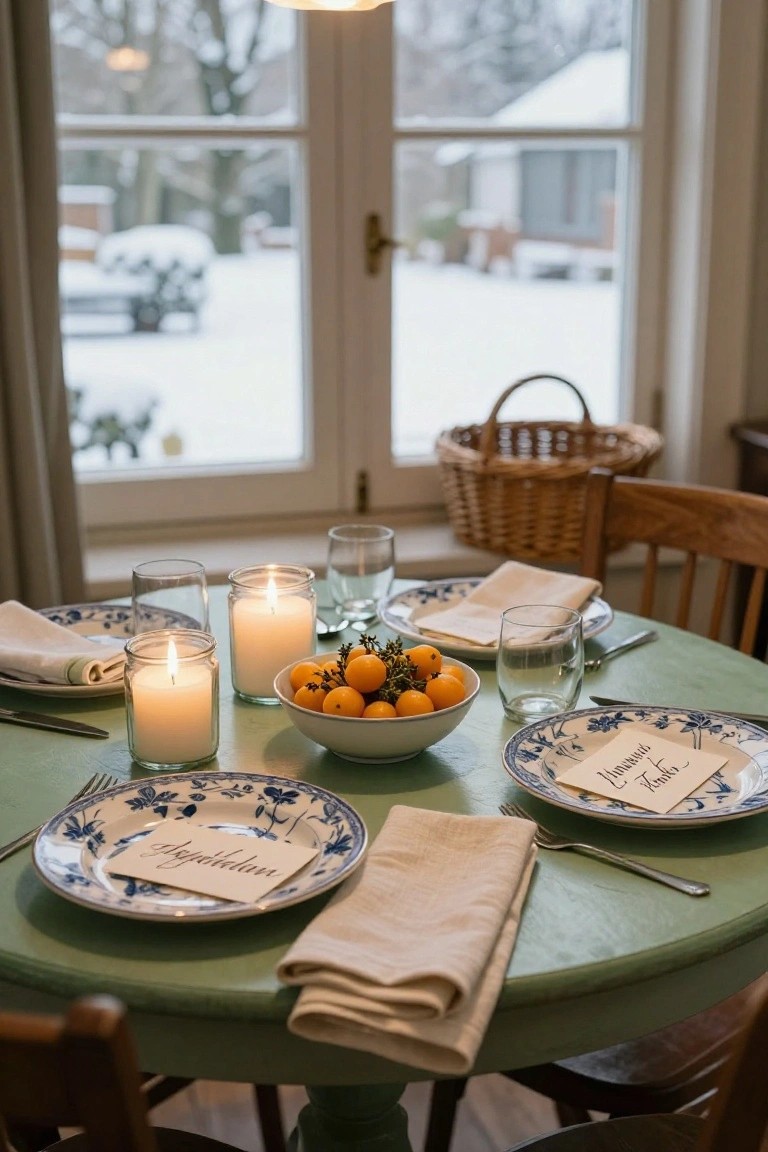 Close-up of a turquoise round pedestal table set for two with blue-and-white floral plates, handwritten place cards labeled Styggdalen and Vinter, a white bowl of small oranges with herbs, glass jars with candles, wine glasses, linen napkins, and silverware, inside a room with a large window showing snowy outdoors.