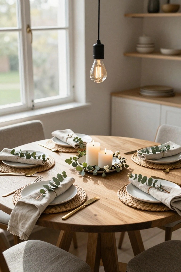 Round wooden dining table set for four people with white plates on rattan placemats, linen napkins bound with eucalyptus leaves, gold utensils, and a central white plate holding a eucalyptus wreath with four white candles, in a bright room with large window and hanging bulb light.