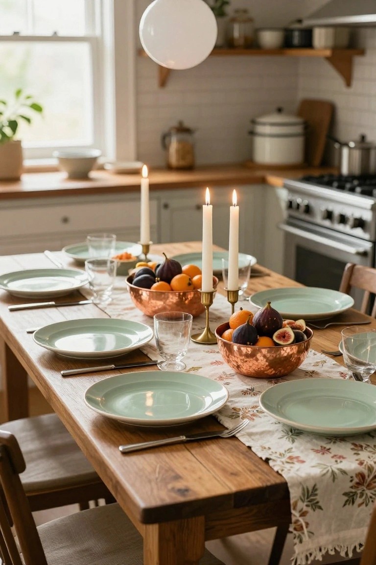 Wooden dining table in a white kitchen set for brunch with green plates, cutlery, glassware, copper bowls filled with oranges and figs, candles in brass holders, and a floral runner.