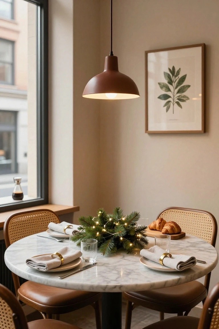Round white marble table set for Christmas brunch with central evergreen wreath and fairy lights, linen napkins with gold rings, plates, glasses, and rattan chairs with leather seats in a beige interior by a large window.
