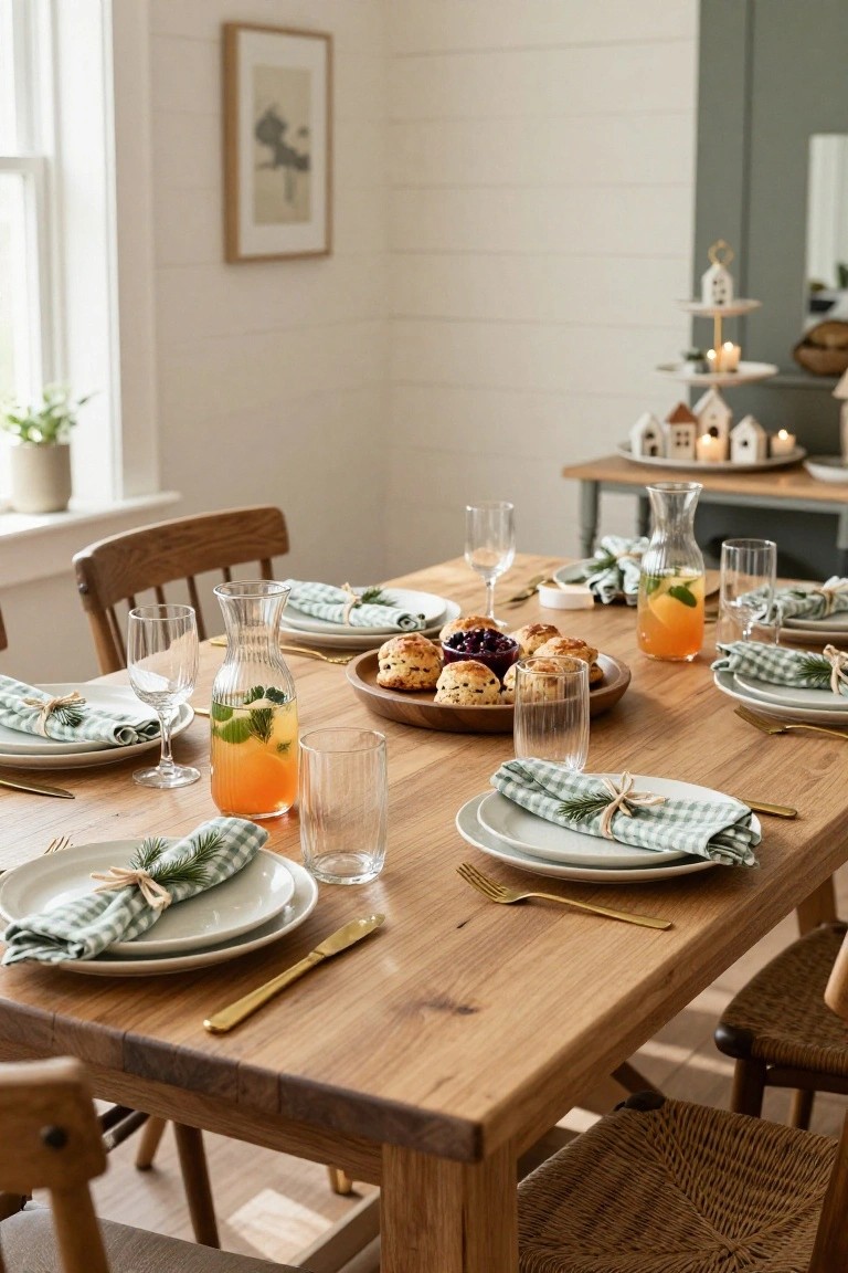 Wooden dining table set for Christmas brunch with green gingham napkins tied with pine twigs and twine on white plates, wooden board of scones and jam, orange drinks in glasses and pitcher, gold flatware, wooden chairs, shiplap walls, and holiday village decorations nearby.