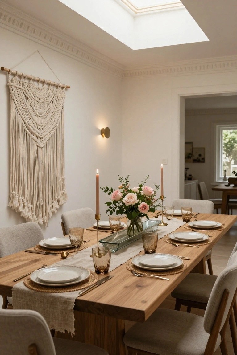 Wooden dining table set for a meal with white plates, gold utensils, pink rose centerpiece in a glass vase, beige candles, linen runner, seagrass placemats, upholstered chairs, macrame wall hanging, and skylight in a white-walled room.