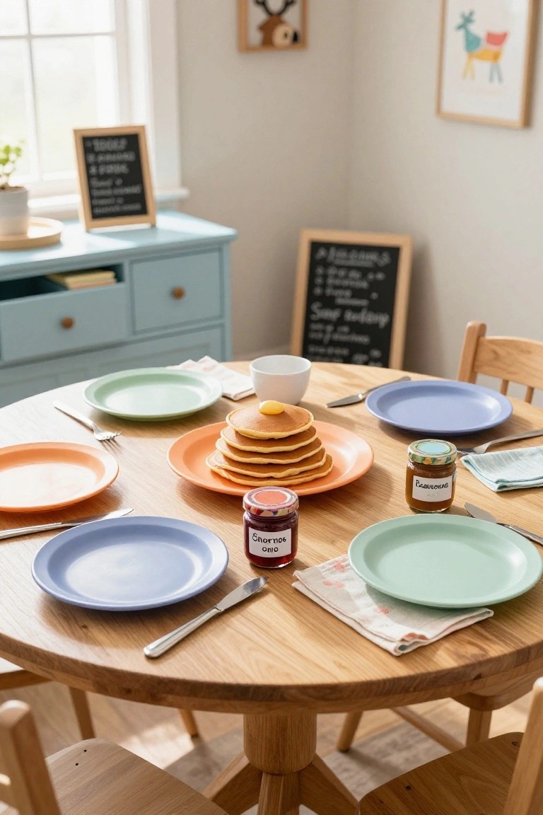 Round wooden table in a kitchen nook set with mismatched pastel plates in green, orange, purple, and blue, a stack of pancakes on an orange plate, jars of jam, utensils, and wooden chairs.