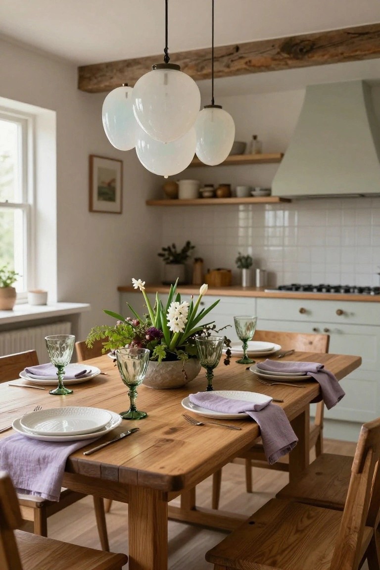 Kitchen dining area with oak wood table set for brunch, featuring white plates, green faceted wine glasses, purple linen napkins, and a centerpiece of white daffodils with greenery, under white globe pendant lights.
