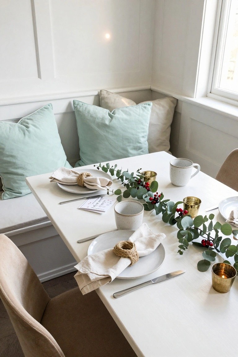 Corner dining nook with white banquette seating and beige chairs at a white table set for Christmas brunch, featuring a central eucalyptus and red berry garland runner, neutral linen napkins with rope rings, gold candle holders, and white ceramic mugs.