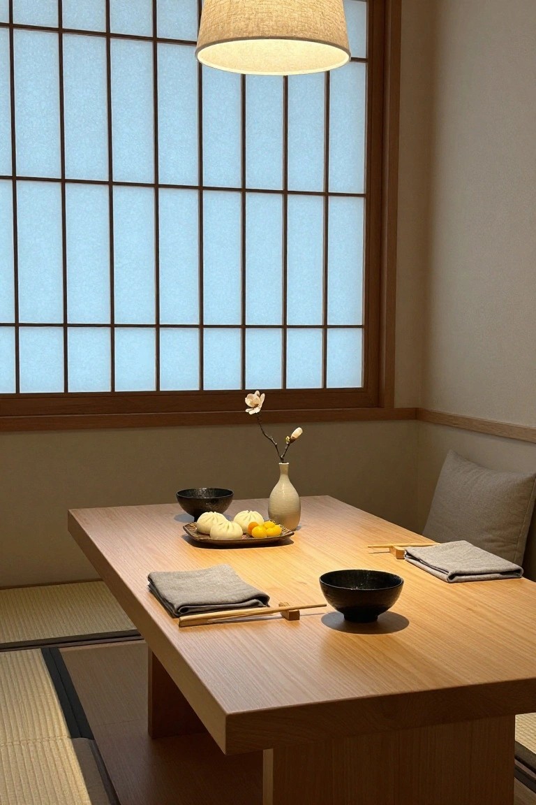 Low wooden dining table on tatami mats in a Japanese-style room with shoji screen window, set with black bowls, bao buns, soup bowl, chopsticks, napkins, and a vase of cherry blossoms.