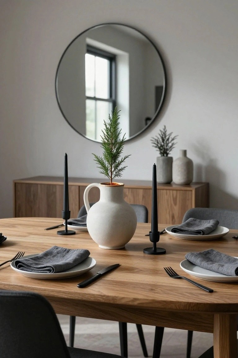 A wooden oval dining table set for brunch with white plates, gray linen napkins, black flatware, a central white jug holding a small potted fir tree, black taper candles in black holders, gray upholstered chairs, wooden sideboard with ceramics, and a large round mirror on a white wall.