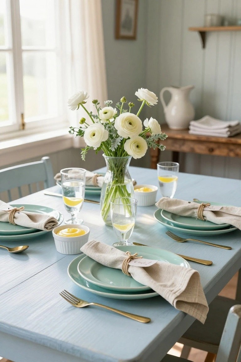 Close-up of a light blue painted wooden dining table set for four with teal plates, white linen napkins tied with twine tags, gold flatware, yellow lemon curd in white ramekins, lemon water in glasses, and a tall glass vase of white anemones, in a pale green room with sheer curtains at the window.