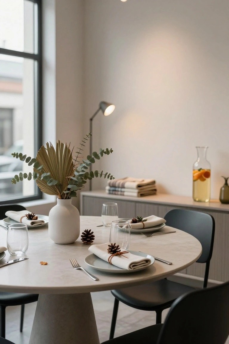 Round light gray marble dining table in a modern interior with neutral place settings, napkins tied with pine cones, central white vase of dried palm fronds and eucalyptus, wine glasses, and black chairs.