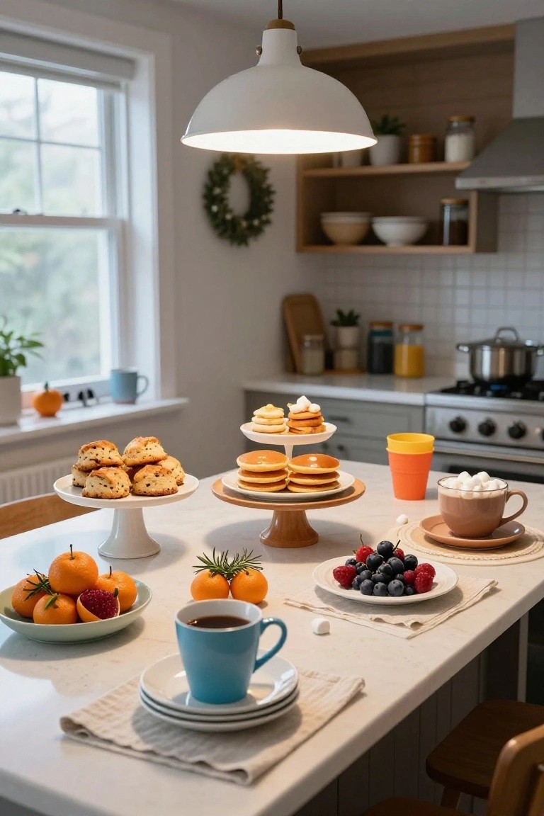 Kitchen island table set with tiered white stand of scones, wooden stand of pancakes, bowls of oranges and berries, cups of coffee and hot chocolate, and plates on a light wood counter.