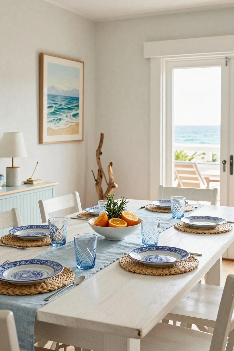 White wooden dining table set with blue and white plates on woven placemats, faceted blue glasses, cutlery, and a central white bowl of oranges with rosemary, in a light interior room with open doors to ocean view.