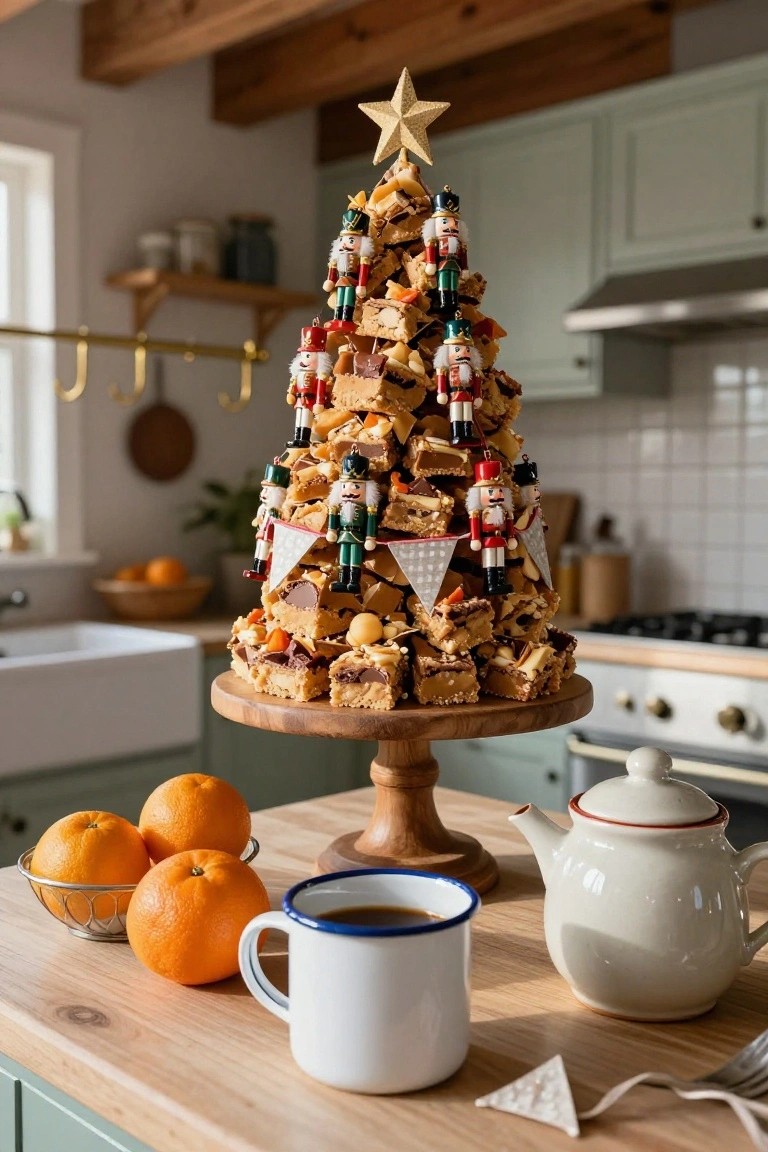 Stacked blondie squares form a Christmas tree on a wooden pedestal in a kitchen, decorated with small nutcracker figures, a gold star topper, garland, oranges, teacups, and a teapot on the wooden countertop.