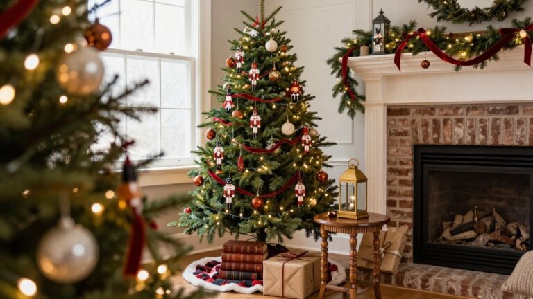 A Christmas tree decorated with multiple nutcracker figures, red ribbons, gold and clear ornaments, and white lights stands in a living room corner beside a brick fireplace with garland mantel and nearby wrapped gifts.