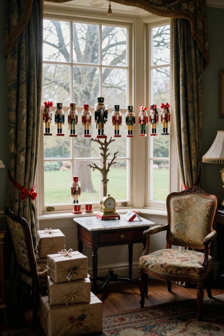 Bay window in a traditional green room with nutcrackers hanging from a tall branched stand, red-ribboned toy soldiers and drums on the marble sill, wrapped gifts, clock, lamp, and upholstered chairs.