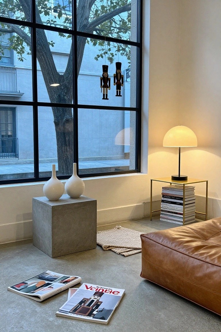 Modern interior corner with large black-framed window showing a tree outside, two wooden nutcracker figures hanging from the frame, two white vases on a concrete pedestal, yellow metal side table holding a white lamp and stacked books, tan leather pouf, and magazines on the concrete floor.