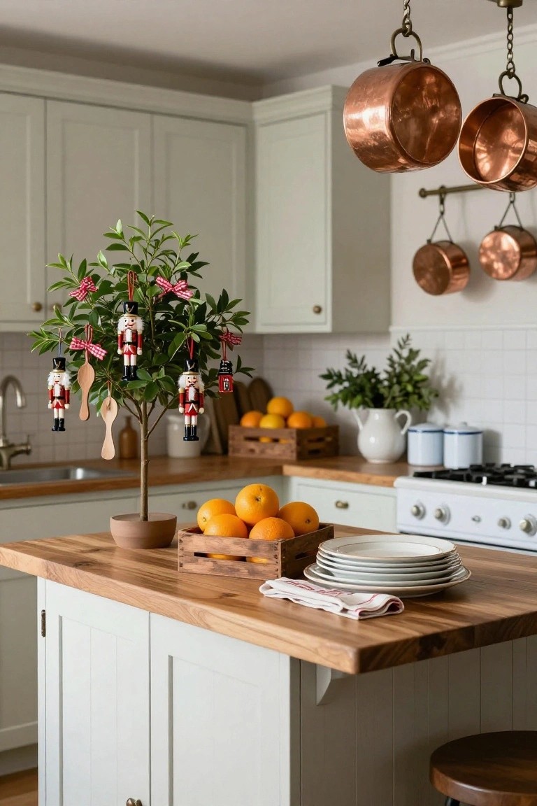 A small potted tree decorated with hanging nutcracker figures and red ribbons sits on a wooden kitchen island next to crates of oranges, with white cabinets, copper pots overhead, and a white stove in the background.