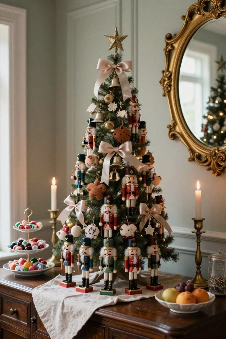 Small artificial Christmas tree densely decorated with colorful nutcracker figurines on a wooden sideboard, flanked by brass candlesticks, tiered candy dish, fruit bowl, and gold mirror in pale green room.