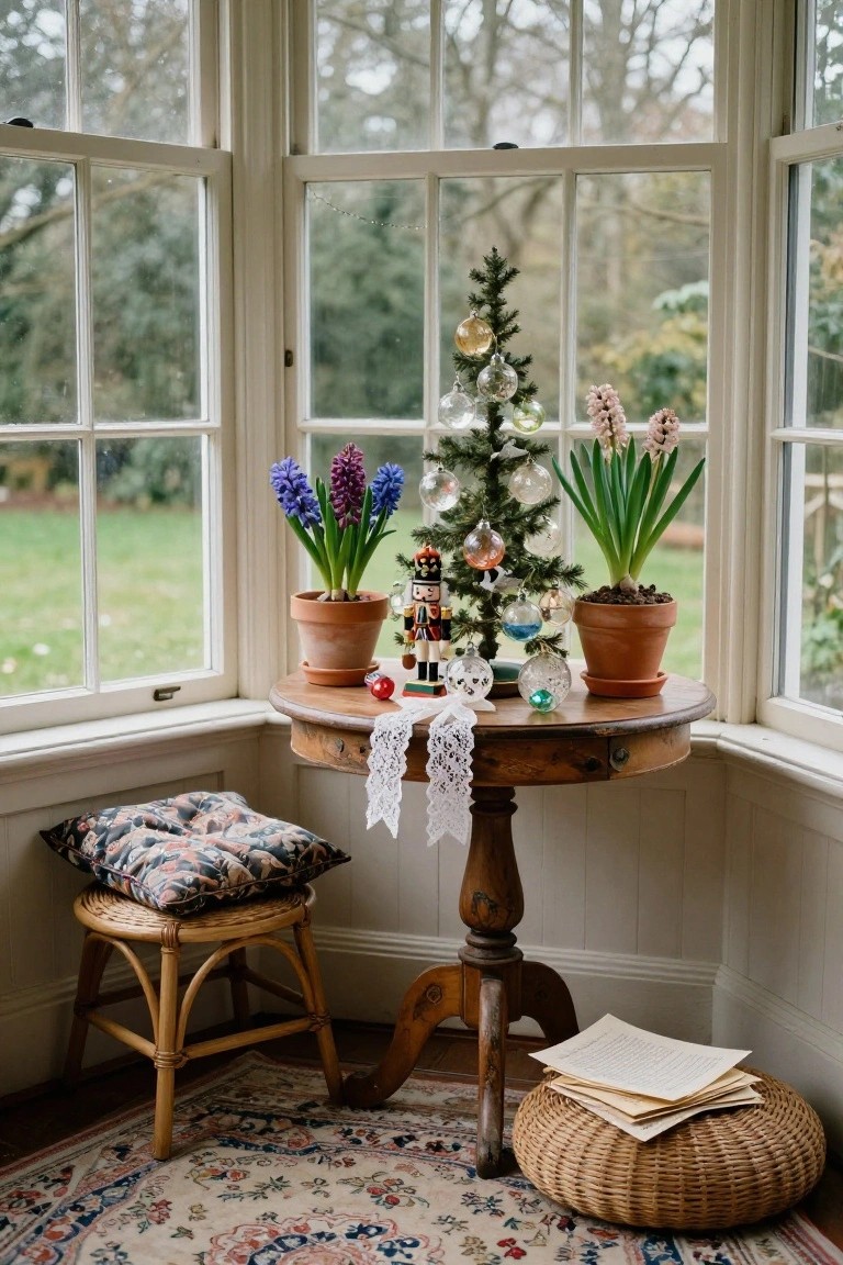 Bay window corner inside a room featuring a small decorated Christmas tree, nutcracker figures, glass ornaments, and potted hyacinth plants on a round wooden table with lace runner, stool, and papers nearby.