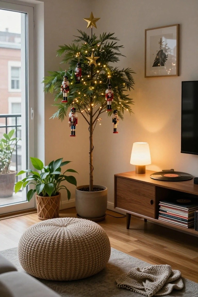 A slender potted Norfolk pine decorated as a Christmas tree with fairy lights, gold star topper, and assorted nutcracker ornaments in a modern living room corner next to a wood sideboard, lamp, plants, and beige pouf.