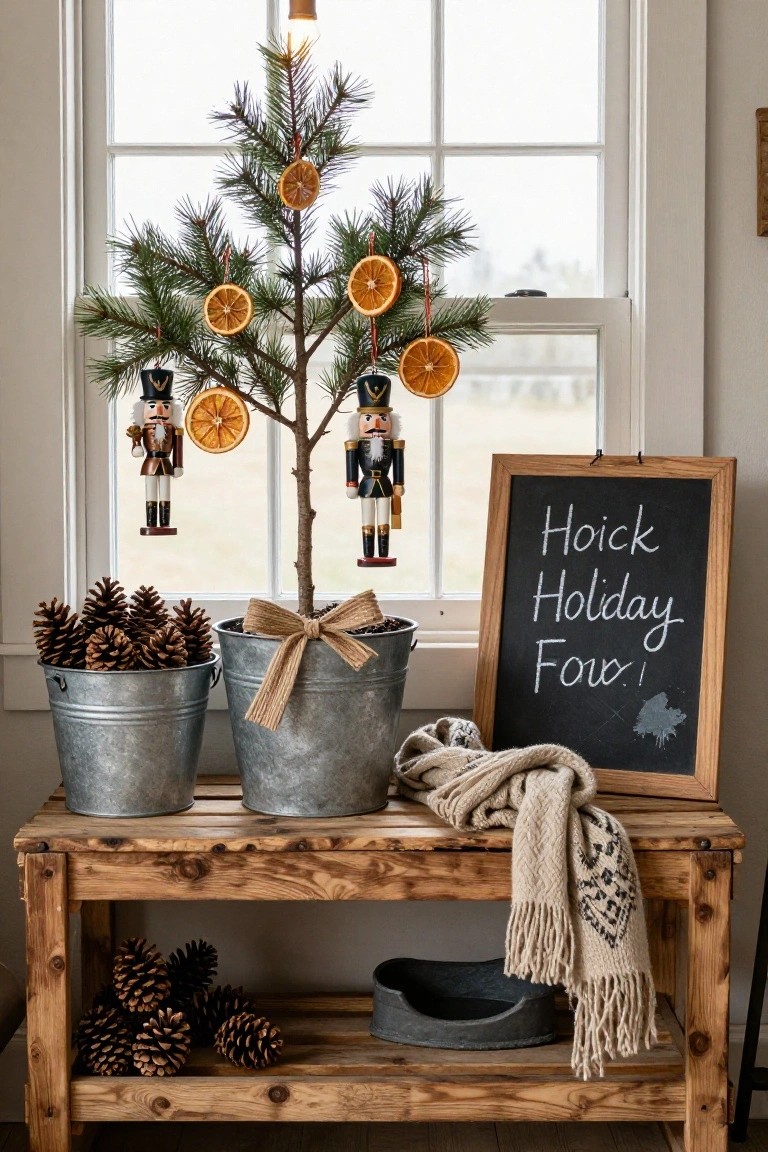 Nutcracker Mini Tree on a Rustic Bench