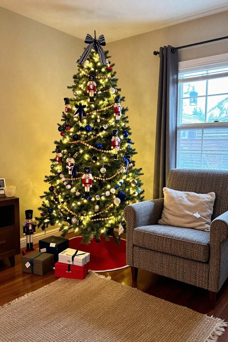 A tall lit Christmas tree in a living room corner decorated with multiple hanging nutcracker figures in navy, red, and white, garlands, lights, and ornaments, with wrapped gifts underneath and an armchair nearby.