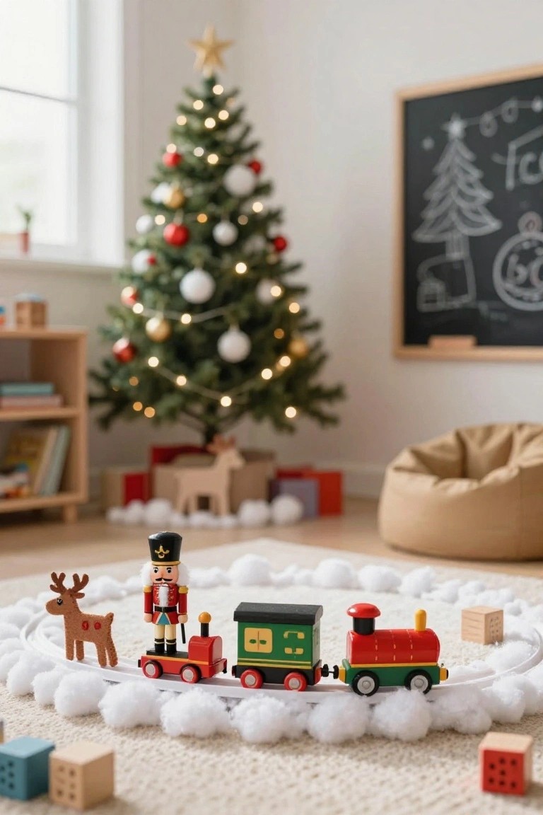 Playroom with lit Christmas tree, wooden nutcracker soldier, felt reindeer, red and green toy train on white track surrounded by white pom poms and wooden blocks on beige rug