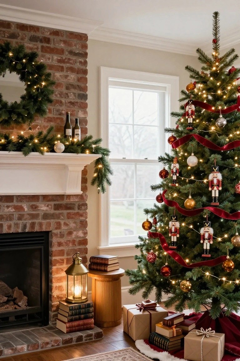 A Christmas tree decorated with multiple nutcracker figures, red ribbons, gold and clear ornaments, and white lights stands in a living room corner beside a brick fireplace with garland mantel and nearby wrapped gifts.
